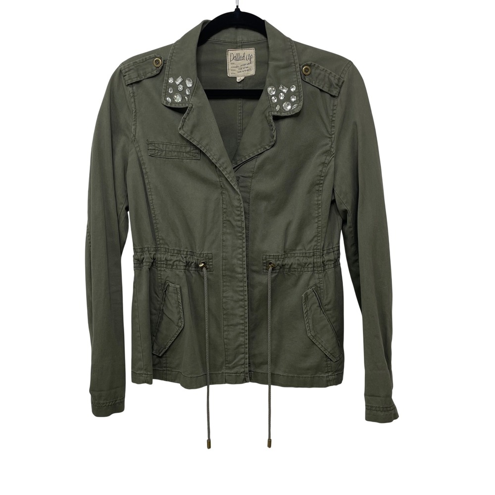 Dolled Up Olive Green Military Utility Jacket Rhinestone Embellished L Beazzeled